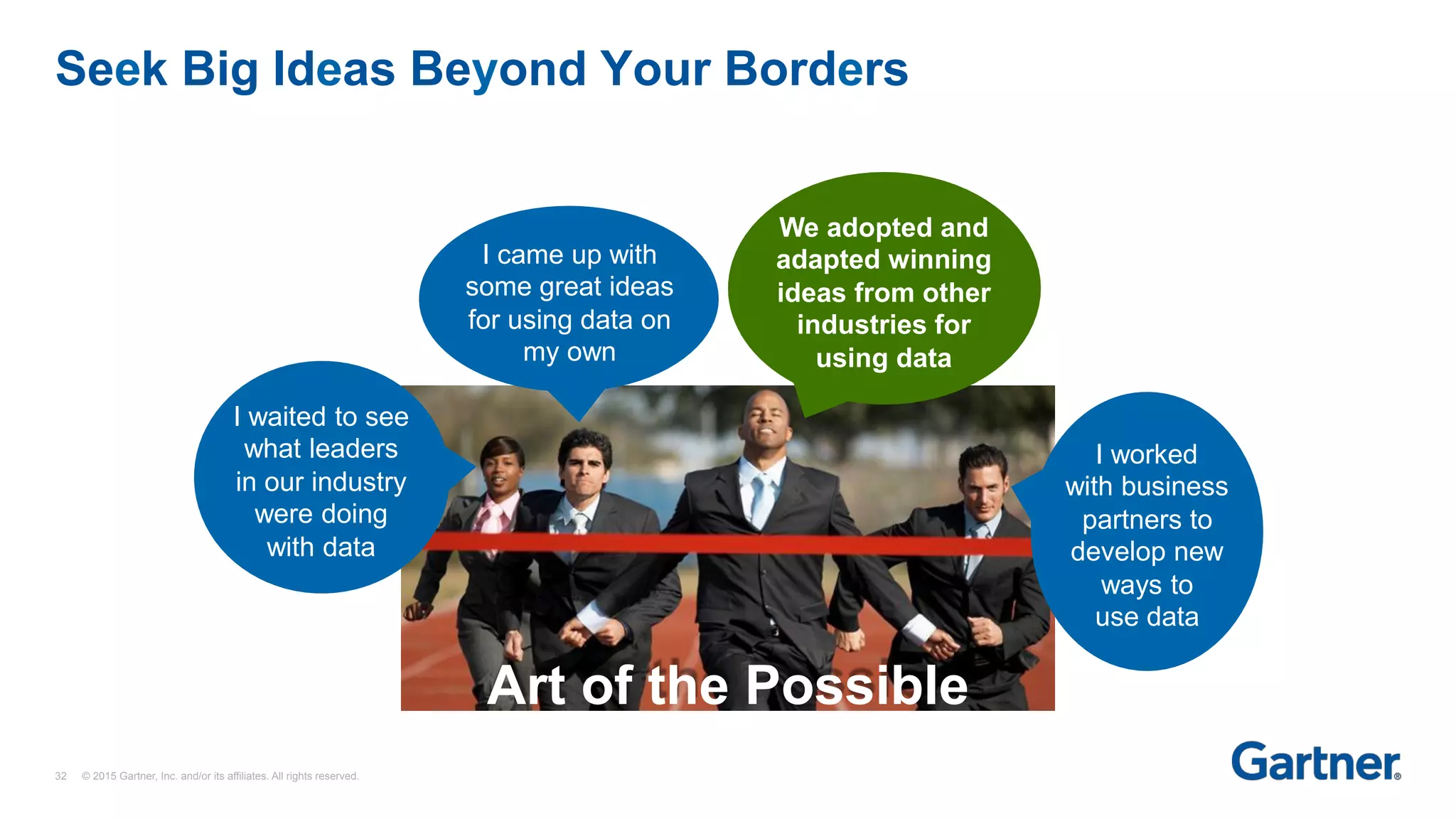 Art of the Possible
Seek Big Ideas Beyond Your Borders
I waited to see
what leaders
in our industry
were doing
with data
I came up with
some great ideas
for using data on
my own
I worked
with business
partners to
develop new
ways to
use data
We adopted and
adapted winning
ideas from other
industries for
using data
32 © 2015 Gartner, Inc. and/or its affiliates. All rights reserved.
 