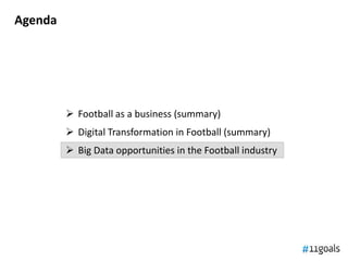 Agenda
 Football as a business (summary)
 Digital Transformation in Football (summary)
 Big Data opportunities in the Football industry
 