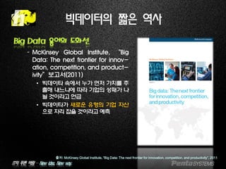 IT의 푸른 바람 – New idea, New way.
빅데이터의 짧은 역사
Big Data 용어의 도화선
–McKinsey Global Institute, “Big
Data: The next frontier for innov-
ation, competition, and product-
ivity”보고서(2011)
• 빅데이타 속에서 누가 먼저 가치를 추
출해 내느냐에 따라 기업의 성패가 나
뉠 것이라고 언급
• 빅데이타가 새로운 유형의 기업 자산
으로 자리 잡을 것이라고 예측
출처: McKinsey Global Institute, “Big Data: The next frontier for innovation, competition, and productivity”, 2011
 