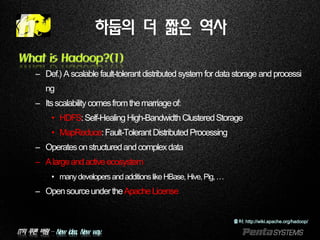 IT의 푸른 바람 – New idea, New way.
하둡의 더 짧은 역사
What is Hadoop?(1)
– Def.) A scalable fault-tolerant distributed system for data storage and processi
ng
– Itsscalability comesfromthemarriageof:
• HDFS:Self-Healing High-BandwidthClusteredStorage
• MapReduce:Fault-TolerantDistributedProcessing
– Operatesonstructuredandcomplexdata
– Alargeandactiveecosystem
• manydevelopersandadditionslikeHBase,Hive,Pig,…
– OpensourceundertheApacheLicense
출처: http://wiki.apache.org/hadoop/
 