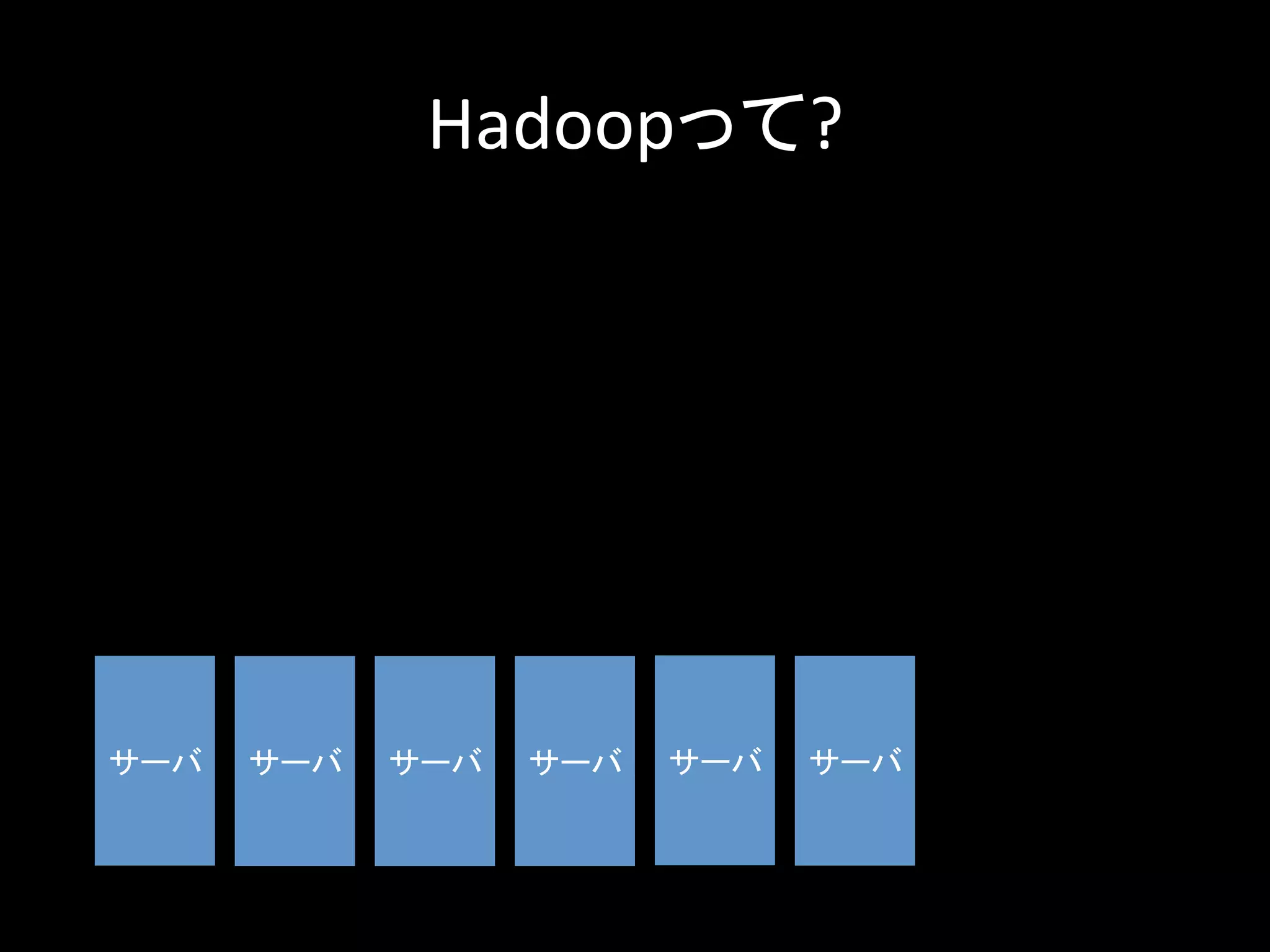 Hadoopって?	
サーバ	 サーバ	 サーバ	 サーバ	 サーバ	 サーバ	
 