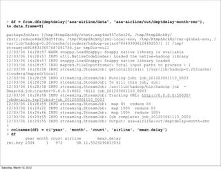 > df = from.dfs(deptdelay("asa-airline/data", "asa-airline/out/deptdelay-month-rmr"),
   to.data.frame=T)

   packageJobJar: [/tmp/RtmpZAckHy/rhstr.map4da957c5e126, /tmp/RtmpZAckHy/
   rhstr.reduce4da938d5ffcb, /tmp/RtmpZAckHy/rmr-local-env, /tmp/RtmpZAckHy/rmr-global-env, /
   var/lib/hadoop-0.20/cache/cloudera/hadoop-unjar674649393612449255/] [] /tmp/
   streamjob8188313657687081754.jar tmpDir=null
   12/03/06 16:28:57 WARN snappy.LoadSnappy: Snappy native library is available
   12/03/06 16:28:57 INFO util.NativeCodeLoader: Loaded the native-hadoop library
   12/03/06 16:28:57 INFO snappy.LoadSnappy: Snappy native library loaded
   12/03/06 16:28:57 INFO mapred.FileInputFormat: Total input paths to process : 1
   12/03/06 16:28:58 INFO streaming.StreamJob: getLocalDirs(): [/var/lib/hadoop-0.20/cache/
   cloudera/mapred/local]
   12/03/06 16:28:58 INFO streaming.StreamJob: Running job: job_201203061110_0003
   12/03/06 16:28:58 INFO streaming.StreamJob: To kill this job, run:
   12/03/06 16:28:58 INFO streaming.StreamJob: /usr/lib/hadoop/bin/hadoop job -
   Dmapred.job.tracker=0.0.0.0:8021 -kill job_201203061110_0003
   12/03/06 16:28:58 INFO streaming.StreamJob: Tracking URL: http://0.0.0.0:50030/
   jobdetails.jsp?jobid=job_201203061110_0003
   12/03/06 16:28:59 INFO streaming.StreamJob: map 0% reduce 0%
   12/03/06 16:29:21 INFO streaming.StreamJob: map 100% reduce 0%
   12/03/06 16:29:46 INFO streaming.StreamJob: map 100% reduce 100%
   12/03/06 16:29:55 INFO streaming.StreamJob: Job complete: job_201203061110_0003
   12/03/06 16:29:55 INFO streaming.StreamJob: Output: asa-airline/out/deptdelay-month-rmr
   >
   > colnames(df) = c('year', 'month', 'count', 'airline', 'mean.delay')
   > df
           year month count airline       mean.delay
   rmr.key 2004     1   973      UA 11.5529290853032




Saturday, March 10, 2012
 
