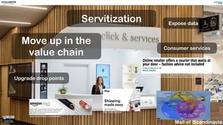 Servitization
Move up in the
value chain
Upgrade drop points
Consumer services
Expose data
Mall of Scandinavia
http://www.smartcompany.com.au/growth/innovation/41765-online-retailer-offers-
a-courier-that-waits-at-your-door-fashion-advice-not-included.html
https://www.amazon.com/dashbutton
https://www.shyp.com
 
