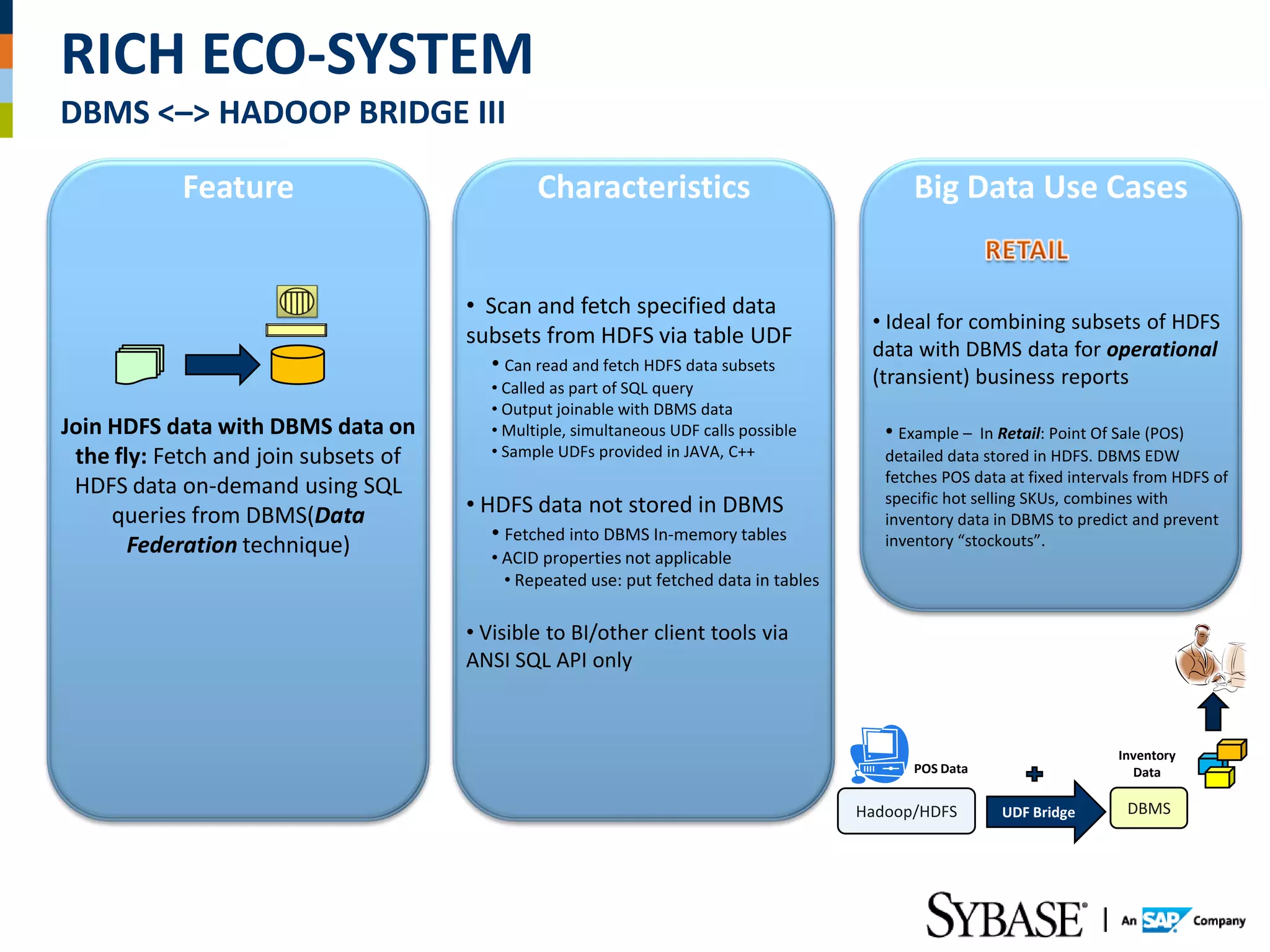 RICH ECO-SYSTEM
DBMS <–> HADOOP BRIDGE III

           Feature                            Characteristics                                 Big Data Use Cases


                                      • Scan and fetch specified data
                                                                                        • Ideal for combining subsets of HDFS
                                      subsets from HDFS via table UDF
                                                                                        data with DBMS data for operational
                                        • Can read and fetch HDFS data subsets
                                        • Called as part of SQL query
                                                                                        (transient) business reports
                                        • Output joinable with DBMS data
Join HDFS data with DBMS data on        • Multiple, simultaneous UDF calls possible       • Example –   In Retail: Point Of Sale (POS)
 the fly: Fetch and join subsets of     • Sample UDFs provided in JAVA, C++               detailed data stored in HDFS. DBMS EDW
                                                                                          fetches POS data at fixed intervals from HDFS of
 HDFS data on-demand using SQL
     queries from DBMS(Data           • HDFS data not stored in DBMS                      specific hot selling SKUs, combines with
                                                                                          inventory data in DBMS to predict and prevent
                                        • Fetched into DBMS In-memory tables              inventory “stockouts”.
       Federation technique)            • ACID properties not applicable
                                          • Repeated use: put fetched data in tables

                                      • Visible to BI/other client tools via
                                      ANSI SQL API only



                                                                                                                          Inventory
                                                                                              POS Data                      Data

                                                                                       Hadoop/HDFS        UDF Bridge       DBMS
 