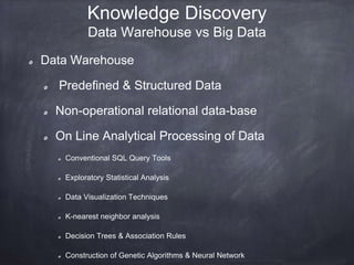Knowledge Discovery 
Data Warehouse vs Big Data 
Data Warehouse 
Predefined & Structured Data 
Non-operational relational data-base 
On Line Analytical Processing of Data 
Conventional SQL Query Tools 
Exploratory Statistical Analysis 
Data Visualization Techniques 
K-nearest neighbor analysis 
Decision Trees & Association Rules 
Construction of Genetic Algorithms & Neural Network 
 