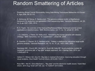 Random Smattering of Articles 
Predicting Breast Cancer Survivability Using Data Mining Techniques Bellaachia A & Guven 
E. Age 2006, 58:10-110. 
A. McKenna, M. Hanna, E. Banks et al., “The genome analysis toolkit: a MapReduce 
framework for analyzing next-generation DNA sequencing data,” Genome Research, vol. 20, 
no. 9, pp.1297–1303, 2010. 
R. C. Taylor, “An overview of the Hadoop/MapReduce/HBase framework and its current 
applications in bioinformatics,” BMC Bioinformatics, vol. 11, no. 12, article S1, 2010. 
J. D. Osborne, J. Flatow, M. Holko et al., “Annotating the human genome with disease 
ontology,” BMC Genomics, vol. 10, supplement 1, article S6, 2009. 
B. Giardine, C. Riemer, R. C. Hardison et al., “Galaxy: a platform for interactive large-scale 
genome analysis,” Genome Research, vol. 15, no. 10, pp. 1451–1455, 2005. 
Steinberg GB1, Church BW, McCall CJ, Scott AB, Kalis BP. Novel predictive models for 
metabolic syndrome risk: a "big data" analytic approach. Am J Manag Care. 2014 Jun 
1;20(6):e221-8. 
Vaitsis C1, Nilsson G2, Zary N1. Big data in medical informatics: improving education through 
visual analytics. Stud Health Technol Inform. 2014;205:1163-7. 
Ross MK1, Wei W, Ohno-Machado L. "Big data" and the electronic health record. Yearb Med 
Inform. 2014 Aug 15;9(1):97-104. doi: 10.15265/IY-2014-0003. 
