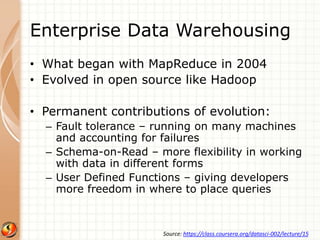 Enterprise Data Warehousing 
• What began with MapReduce in 2004 
• Evolved in open source like Hadoop 
• Permanent contributions of evolution: 
– Fault tolerance – running on many machines 
and accounting for failures 
– Schema-on-Read – more flexibility in working 
with data in different forms 
– User Defined Functions – giving developers 
more freedom in where to place queries 
Source: https://class.coursera.org/datasci-002/lecture/15 
 