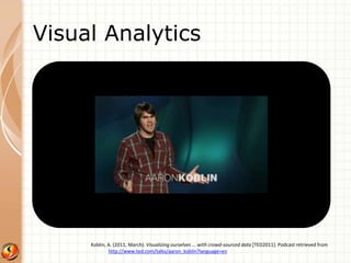 Visual Analytics 
Koblin, A. (2011, March). Visualizing ourselves ... with crowd-sourced data [TED2011]. Podcast retrieved from 
http://www.ted.com/talks/aaron_koblin?language=en 
 