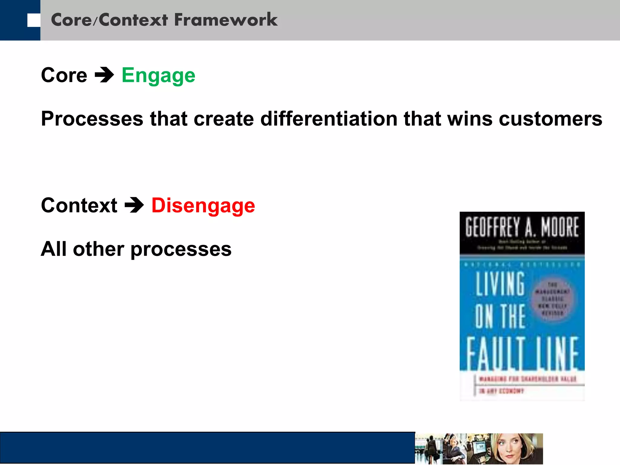 Core/Context Framework 
Core  Engage 
Processes that create differentiation that wins customers 
Context  Disengage 
All other processes 
 