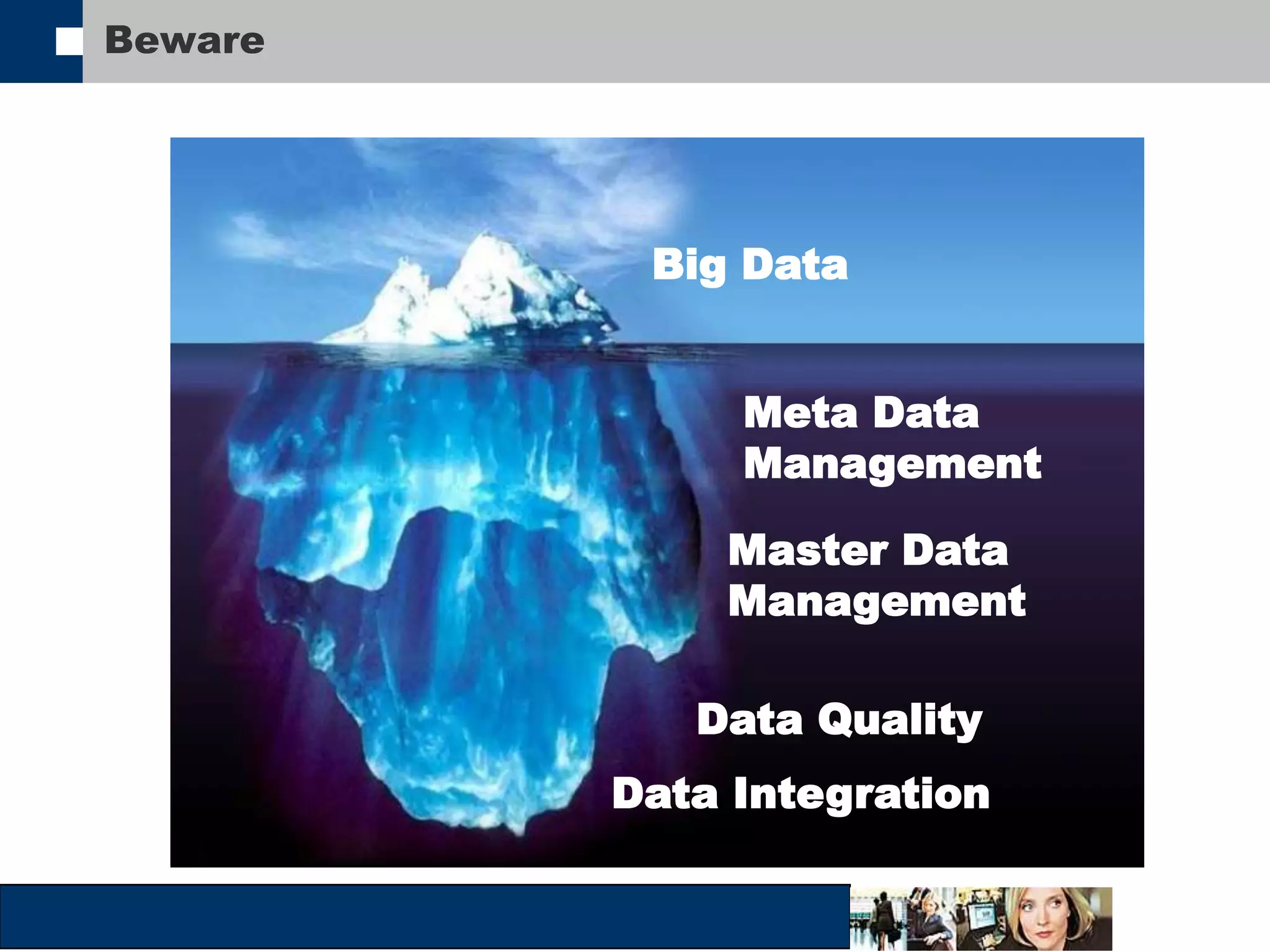 Meta Data 
Management 
Master Data 
Management 
Data Quality 
Data Integration 
Beware 
Big Data 
 