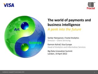 ®




                                                              The world of payments and
                                                              business intelligence
                          Art                                 A peek into the future

                                                              Sankar Narayanan, Fractal Analytics
                                                              Director – Client Servicing
                                                    Science   Kamran Ashraf, Visa Europe
                                                              Head of Analytics and Information Services
                                                              Big Data Innovation Summit
                                                              London, 19 April 2012




Confidential | Copyright © Fractal Analytics 2012                                                          1
 
