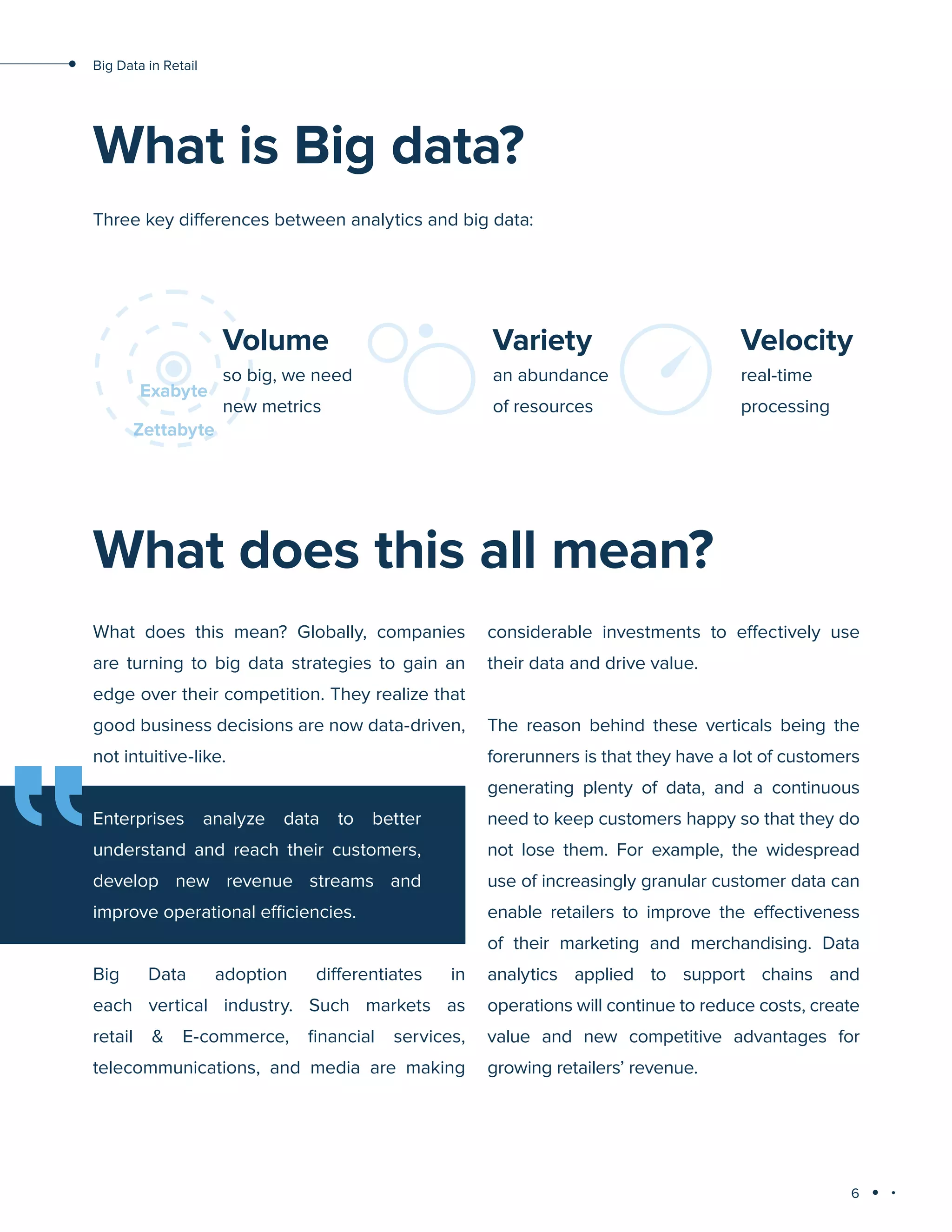 6
Big Data in Retail
What is Big data?
Three key differences between analytics and big data:
Volume
so big, we need
new metrics
Variety
an abundance
of resources
Velocity
real-time
processing
What does this all mean?
What does this mean? Globally, companies
are turning to big data strategies to gain an
edge over their competition. They realize that
good business decisions are now data-driven,
not intuitive-like.
Big Data adoption differentiates in
each vertical industry. Such markets as
retail & E-commerce, financial services,
telecommunications, and media are making
considerable investments to effectively use
their data and drive value.
The reason behind these verticals being the
forerunners is that they have a lot of customers
generating plenty of data, and a continuous
need to keep customers happy so that they do
not lose them. For example, the widespread
use of increasingly granular customer data can
enable retailers to improve the effectiveness
of their marketing and merchandising. Data
analytics applied to support chains and
operations will continue to reduce costs, create
value and new competitive advantages for
growing retailers’ revenue.
Exabyte
Zettabyte
Enterprises analyze data to better
understand and reach their customers,
develop new revenue streams and
improve operational efficiencies.
 