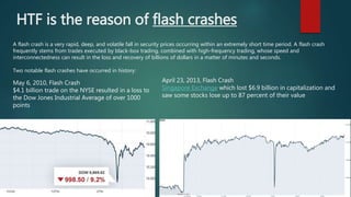 HFT is the reason of flash crashes
A flash crash is a very rapid, deep, and volatile fall in security prices occurring within an extremely short time period. A flash crash
frequently stems from trades executed by black-box trading, combined with high-frequency trading, whose speed and
interconnectedness can result in the loss and recovery of billions of dollars in a matter of minutes and seconds.
Two notable flash crashes have occurred in history:
April 23, 2013, Flash Crash
Singapore Exchange which lost $6.9 billion in capitalization and
saw some stocks lose up to 87 percent of their value
May 6, 2010, Flash Crash
$4.1 billion trade on the NYSE resulted in a loss to
the Dow Jones Industrial Average of over 1000
points
 