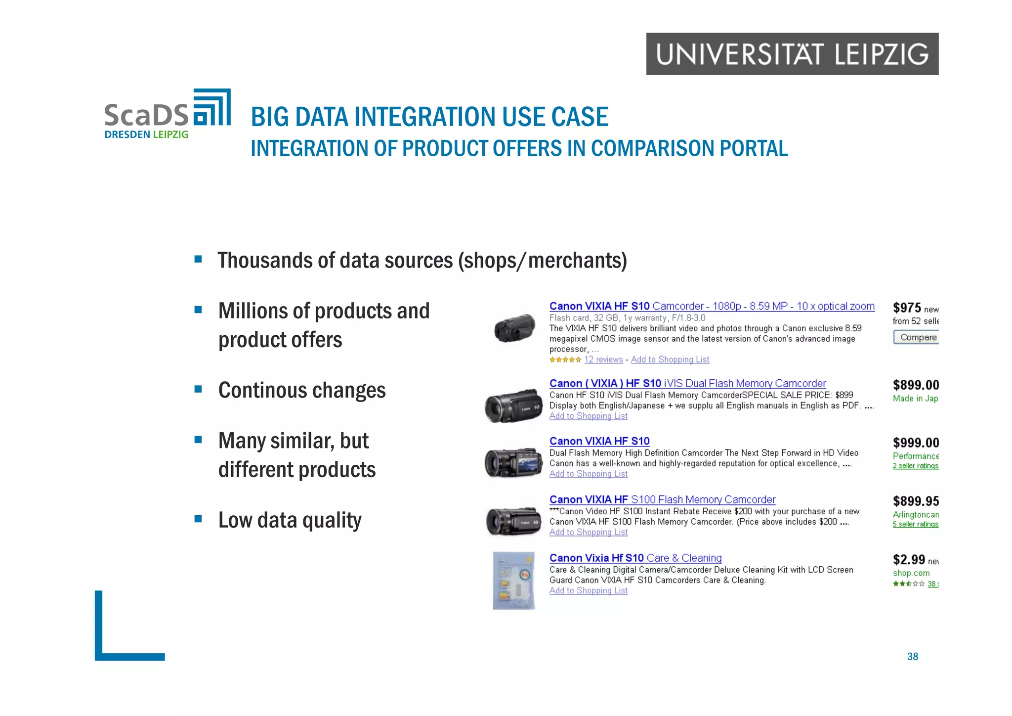  Thousands of data sources (shops/merchants)
 Millions of products and
product offers
 Continous changes
 Many similar, but
different products
 Low data quality
BIG DATA INTEGRATION USE CASE
INTEGRATION OF PRODUCT OFFERS IN COMPARISON PORTAL
38
 