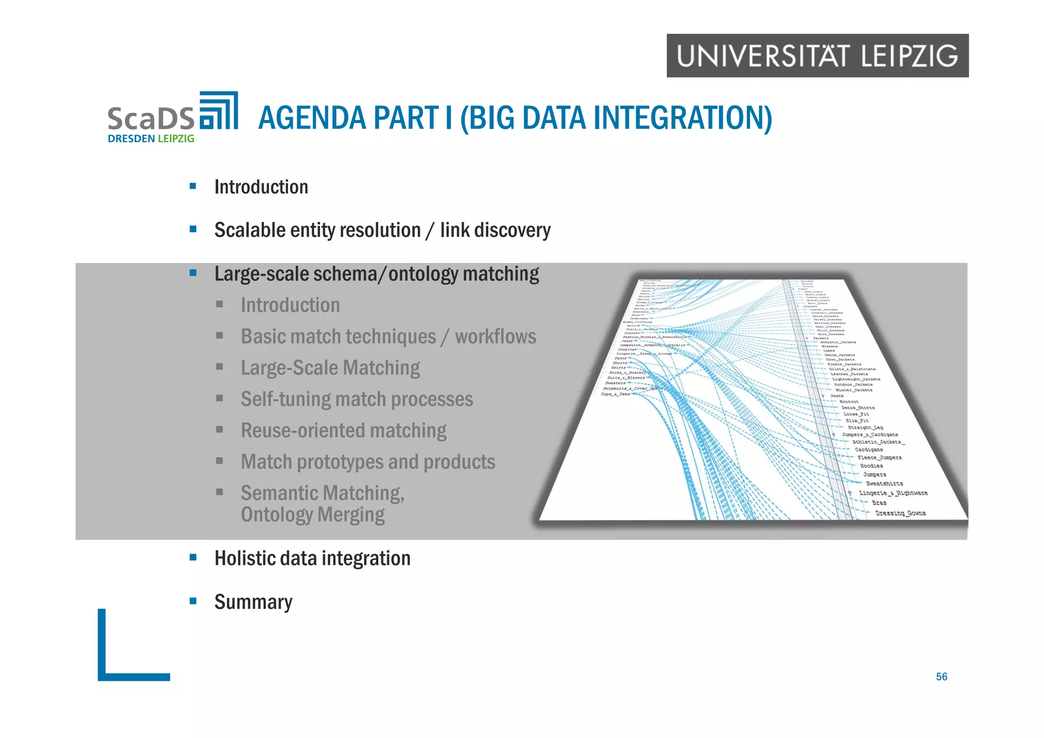  Introduction
 Scalable entity resolution / link discovery
 Large-scale schema/ontology matching
 Introduction
 Basic match techniques / workflows
 Large-Scale Matching
 Self-tuning match processes
 Reuse-oriented matching
 Match prototypes and products
 Semantic Matching,
Ontology Merging
 Holistic data integration
 Summary
AGENDA PART I (BIG DATA INTEGRATION)
56
 