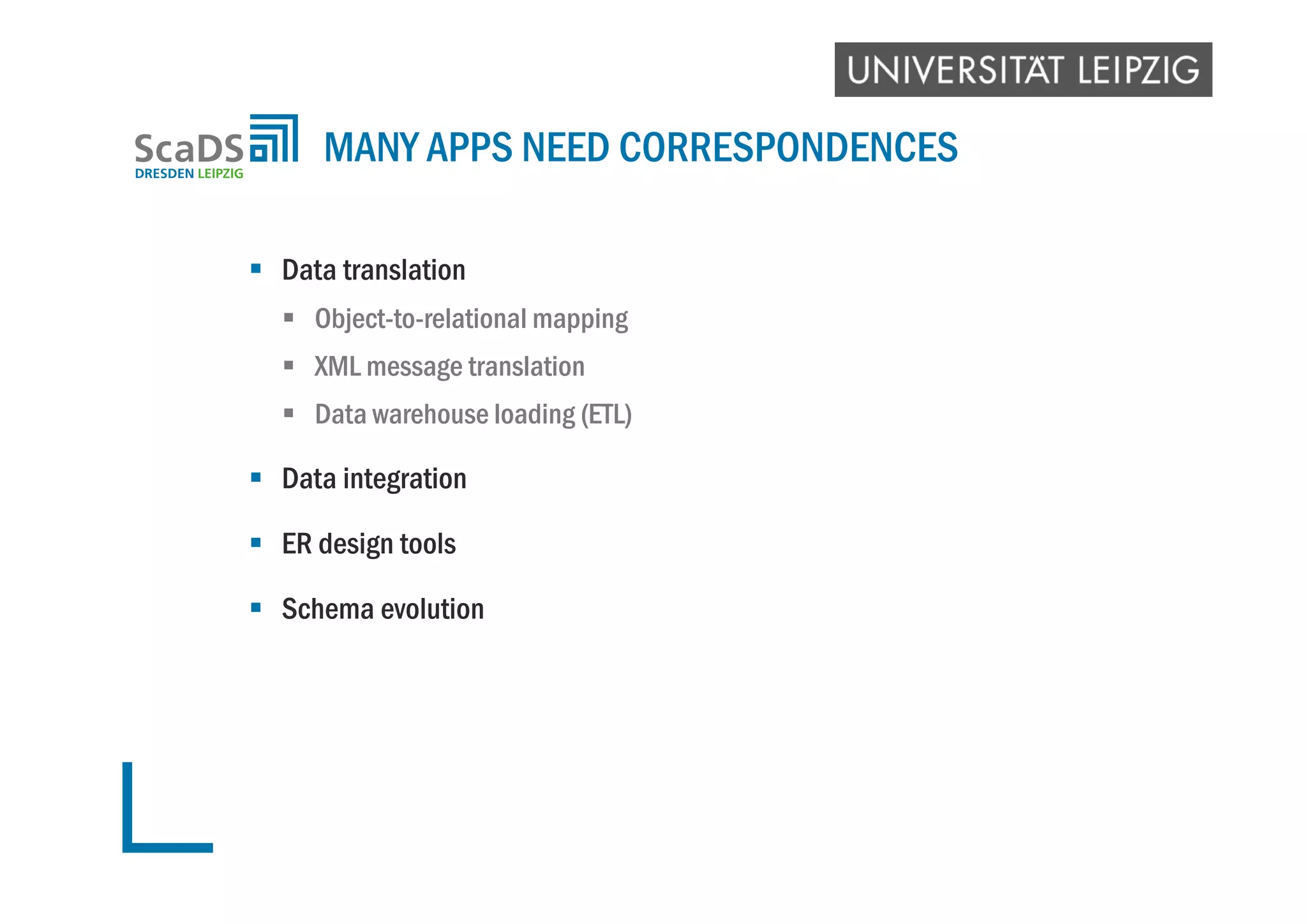  Data translation
 Object-to-relational mapping
 XML message translation
 Data warehouse loading (ETL)
 Data integration
 ER design tools
 Schema evolution
MANY APPS NEED CORRESPONDENCES
 