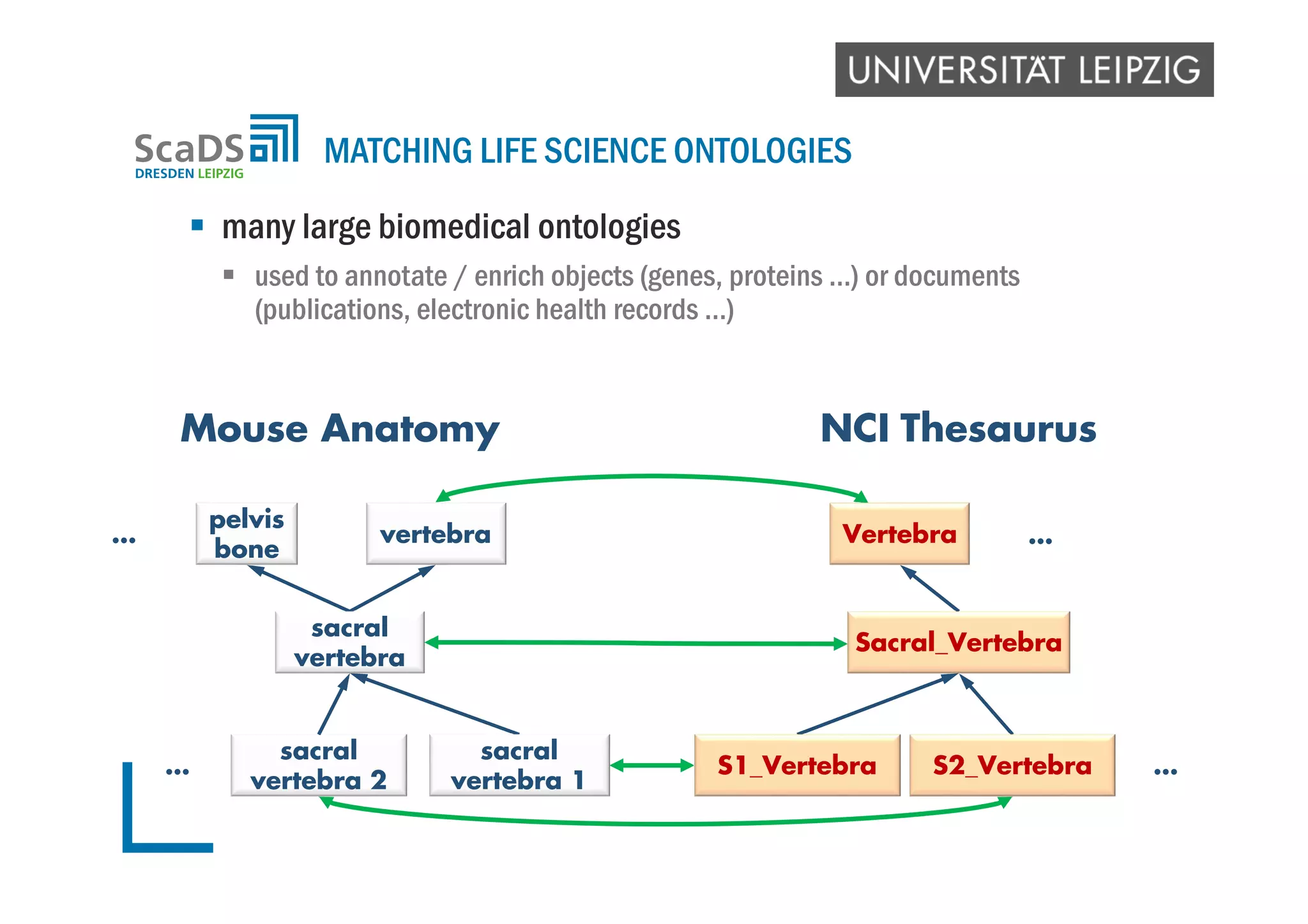 NCI ThesaurusMouse Anatomy
 many large biomedical ontologies
 used to annotate / enrich objects (genes, proteins …) or documents
(publications, electronic health records …)
MATCHING LIFE SCIENCE ONTOLOGIES
vertebra
sacral
vertebra
pelvis
bone
sacral
vertebra 2
sacral
vertebra 1
…
… Vertebra
Sacral_Vertebra
S2_VertebraS1_Vertebra …
…
 
