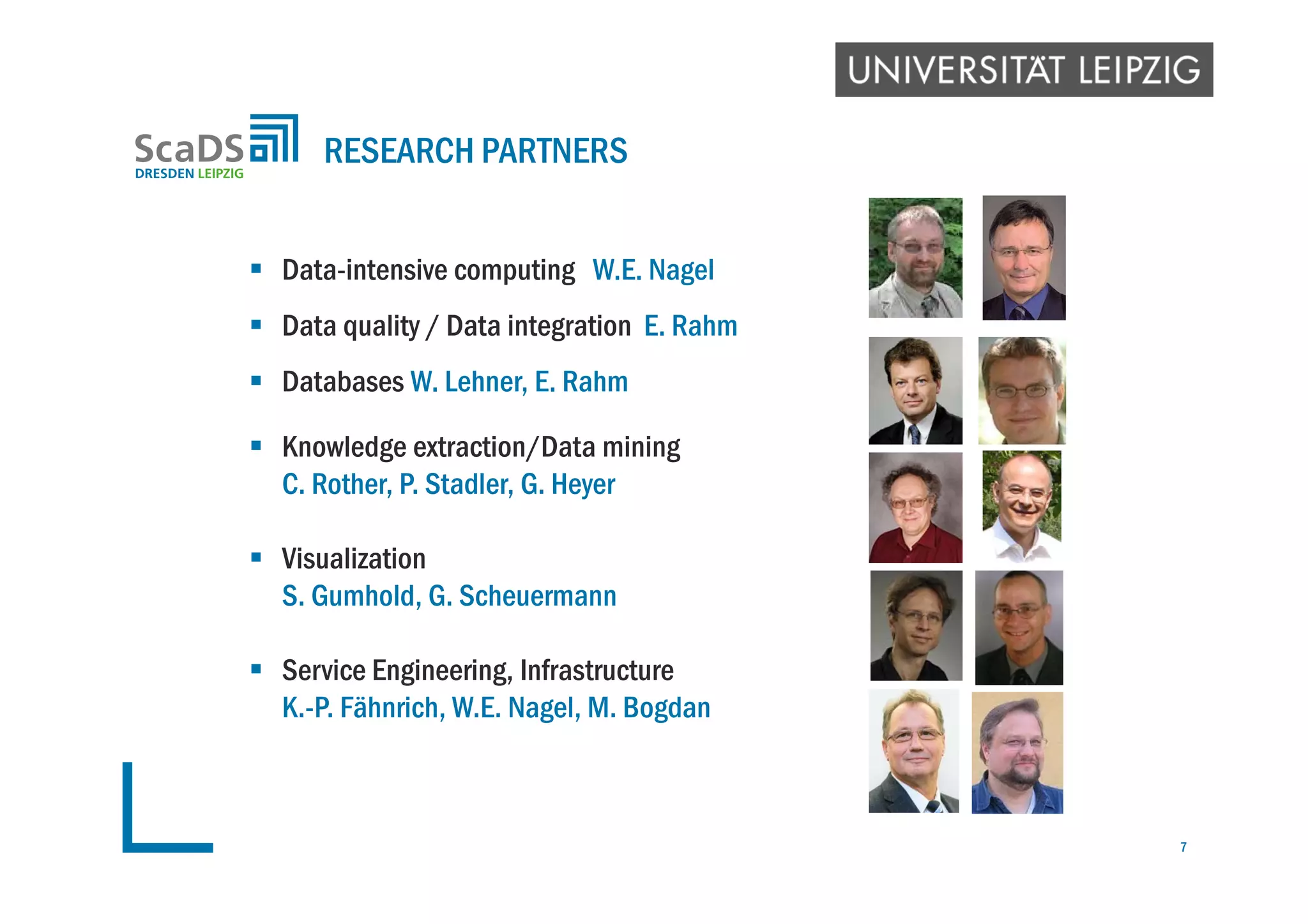 Data-intensive computing W.E. Nagel
 Data quality / Data integration E. Rahm
 Databases W. Lehner, E. Rahm
 Knowledge extraction/Data mining
C. Rother, P. Stadler, G. Heyer
 Visualization
S. Gumhold, G. Scheuermann
 Service Engineering, Infrastructure
K.-P. Fähnrich, W.E. Nagel, M. Bogdan
RESEARCH PARTNERS
7
 