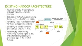 EXISTING HADOOP ARCHITECTURE
• Fault tolerance by detecting faults
and applying quick, automatic
recovery.
• Data access via MapReduce streaming
Simple and robust coherency model.
• Portability across varied commodity
hardware and operating systems.
• Scalability to reliably store and
process large amounts of data.
• Reliability by automatically
maintaining multiple copies of data
and automatically redeploying
processing logic in the event of
failures.
 