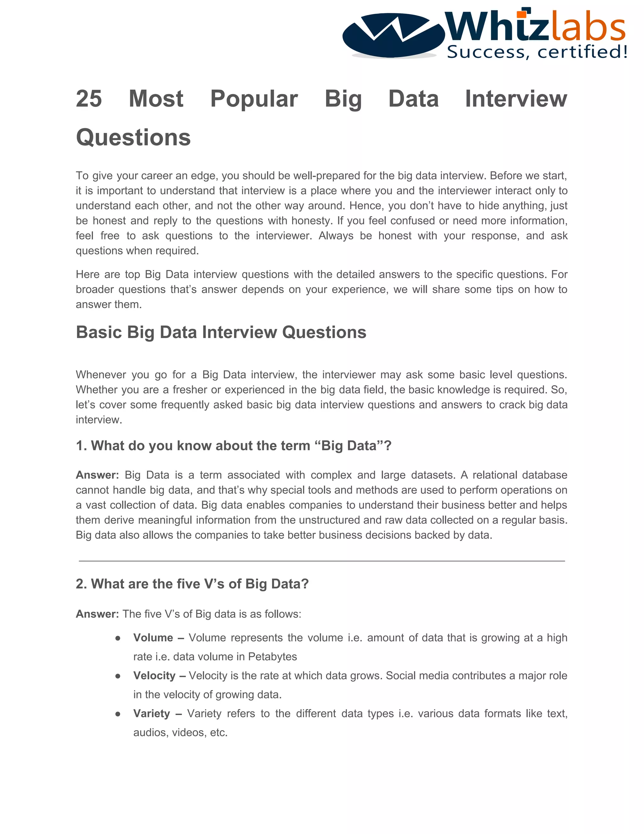 Top 25 Big Data Interview Questions and Answers | PDF