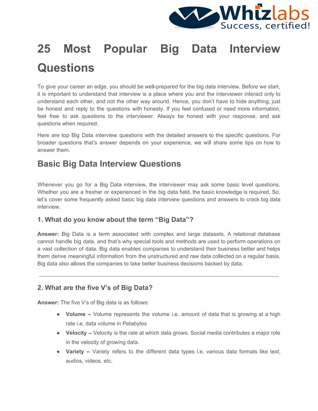 Top 25 Big Data Interview Questions and Answers | PDF