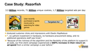 3.5 Billion records, 71 Million unique cookies, 1.7 Million targeted ads per day
Analyzed customer clicks and impressions with Elastic MapReduce
“…no upfront investment in hardware, no hardware procurement delay, and no
additional operations staff was hired.”
“Because of the richness of the algorithm and the flexibility of the platform to support it
at scale, our first client campaign experienced a 500% increase in their return on
ad spend from a similar campaign a year before.”
Targeted Ad
User recently
purchased a sports
movie and is
searching for video
games
Case Study: Razorfish
 
