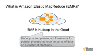 EMR is Hadoop in the Cloud
Hadoop is an open-source framework for
parallel processing huge amounts of data
on a cluster of machines
What is Amazon Elastic MapReduce (EMR)?
 