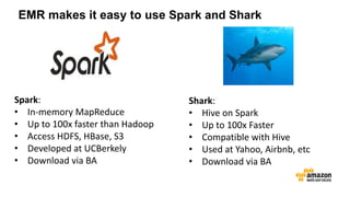 EMR makes it easy to use Spark and Shark
Shark:
• Hive on Spark
• Up to 100x Faster
• Compatible with Hive
• Used at Yahoo, Airbnb, etc
• Download via BA
Spark:
• In-memory MapReduce
• Up to 100x faster than Hadoop
• Access HDFS, HBase, S3
• Developed at UCBerkely
• Download via BA
 