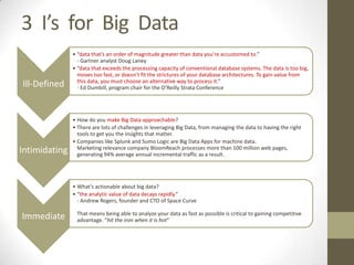 3 I’s for Big Data
               • “data that’s an order of magnitude greater than data you’re accustomed to.”
                 - Gartner analyst Doug Laney
               • “data that exceeds the processing capacity of conventional database systems. The data is too big,
                 moves too fast, or doesn’t fit the strictures of your database architectures. To gain value from
                 this data, you must choose an alternative way to process it.”
Ill-Defined      - Ed Dumbill, program chair for the O’Reilly Strata Conference




               • How do you make Big Data approachable?
               • There are lots of challenges in leveraging Big Data, from managing the data to having the right
                 tools to get you the insights that matter.
               • Companies like Splunk and Sumo Logic are Big Data Apps for machine data.
                 Marketing relevance company BloomReach processes more than 100 million web pages,
Intimidating     generating 94% average annual incremental traffic as a result.




               • What’s actionable about big data?
               • “the analytic value of data decays rapidly.”
                 - Andrew Rogers, founder and CTO of Space Curve

                That means being able to analyze your data as fast as possible is critical to gaining competitive
Immediate       advantage. “hit the iron when it is hot”
 