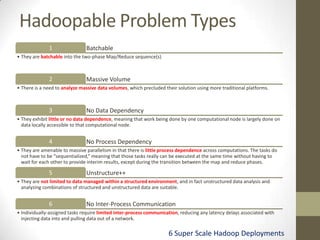 Hadoopable Problem Types
              1                Batchable
• They are batchable into the two-phase Map/Reduce sequence(s)



              2                Massive Volume
• There is a need to analyze massive data volumes, which precluded their solution using more traditional platforms.



              3                No Data Dependency
• They exhibit little or no data dependence, meaning that work being done by one computational node is largely done on
  data locally accessible to that computational node.


              4                No Process Dependency
• They are amenable to massive parallelism in that there is little process dependence across computations. The tasks do
  not have to be “sequentialized,” meaning that those tasks really can be executed at the same time without having to
  wait for each other to provide interim results, except during the transition between the map and reduce phases.

              5                Unstructure++
• They are not limited to data managed within a structured environment, and in fact unstructured data analysis and
  analyzing combinations of structured and unstructured data are suitable.


              6                No Inter-Process Communication
• Individually-assigned tasks require limited inter-process communication, reducing any latency delays associated with
  injecting data into and pulling data out of a network.

                                                                     6 Super Scale Hadoop Deployments
 