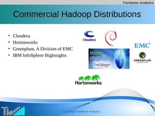Trendwise Analytics
Copyright Trendwise Analytics
Commercial Hadoop Distributions
• Cloudera
• Hortonworks
• Greenplum, A Division of EMC
• IBM InfoSphere BigInsights
 