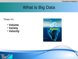 Trendwise Analytics
What is Big Data
Three V's
• Volume
• Variety
• Velocity
 