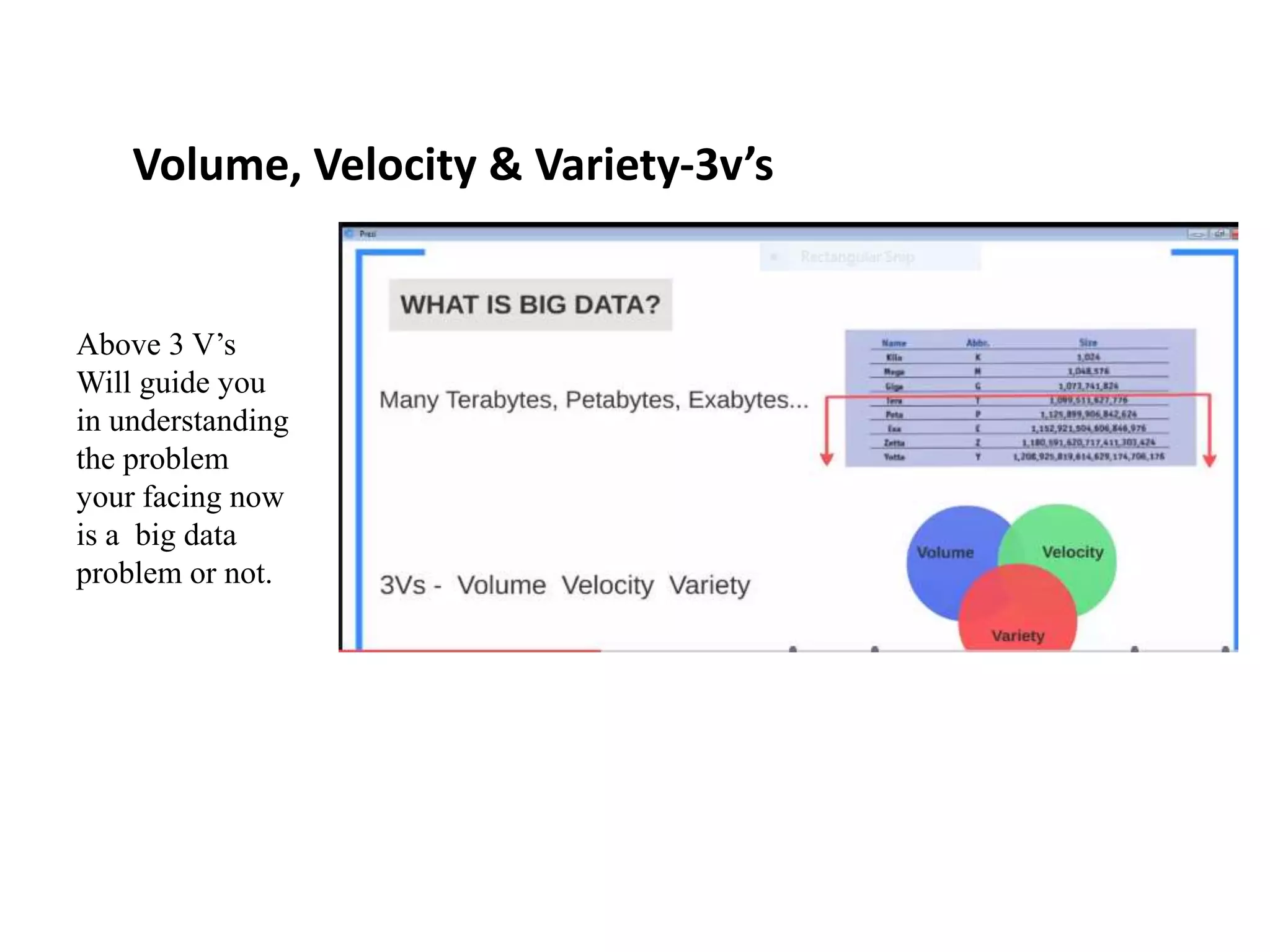 Volume, Velocity & Variety-3v’s
Above 3 V’s
Will guide you
in understanding
the problem
your facing now
is a big data
problem or not.
 