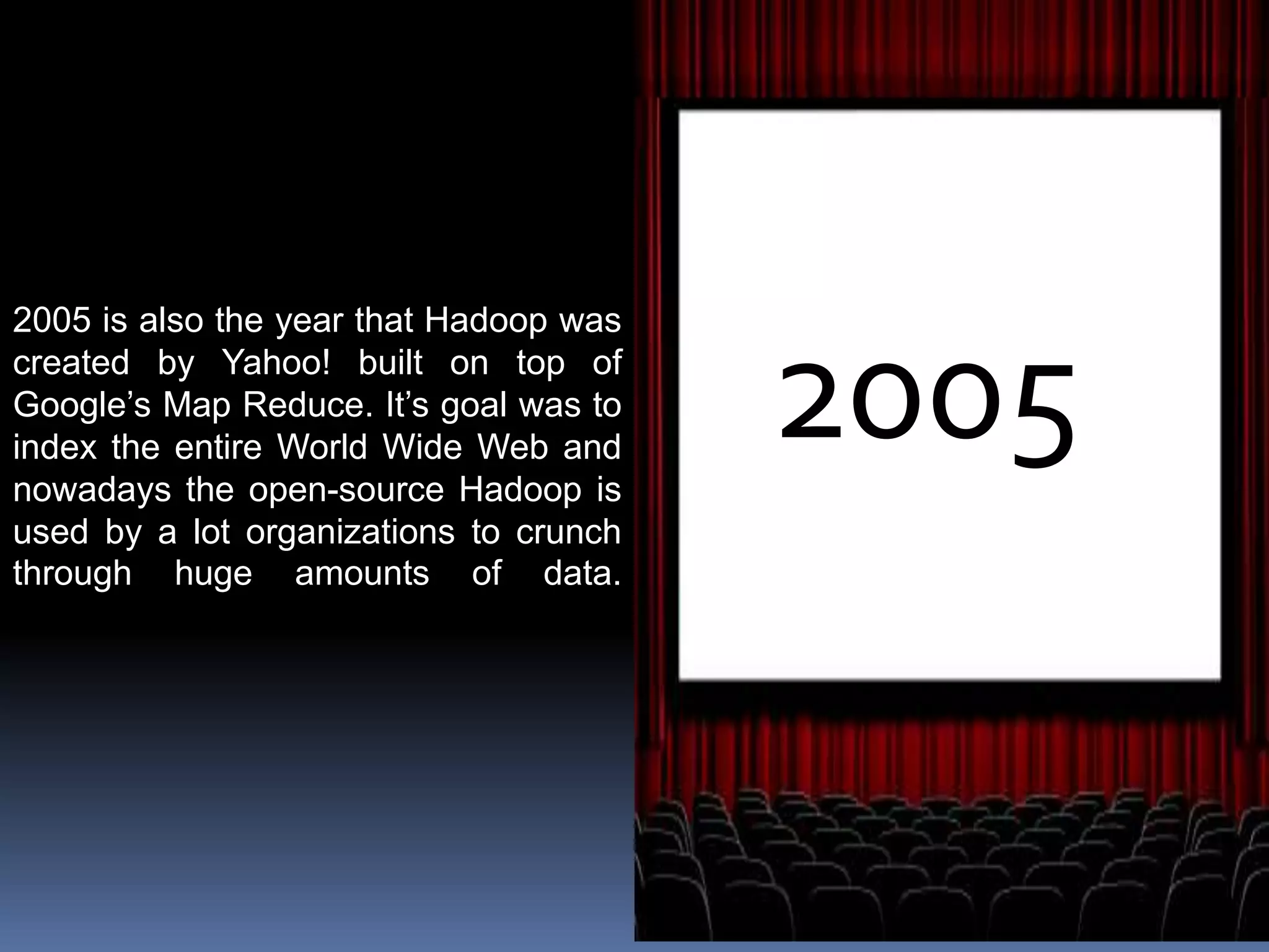 2005
2005 is also the year that Hadoop was
created by Yahoo! built on top of
Google’s Map Reduce. It’s goal was to
index the entire World Wide Web and
nowadays the open-source Hadoop is
used by a lot organizations to crunch
through huge amounts of data.
 