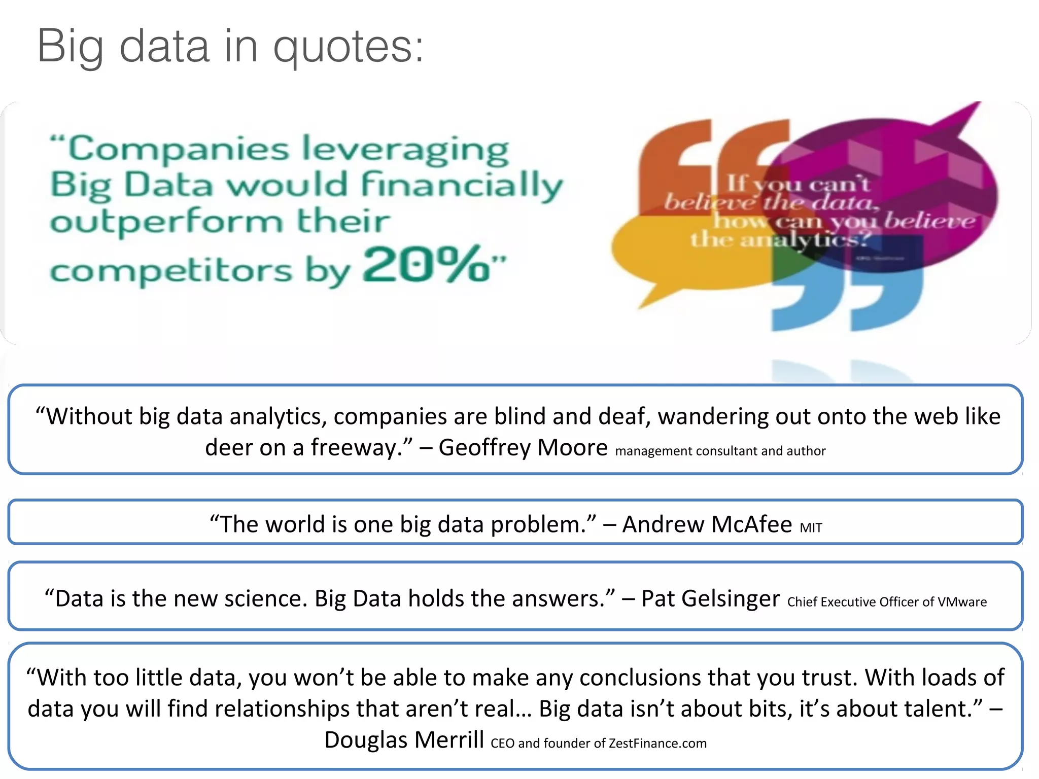 Big data in quotes:
“Without big data analytics, companies are blind and deaf, wandering out onto the web like
deer on a freeway.” – Geoffrey Moore management consultant and author
“Data is the new science. Big Data holds the answers.” – Pat Gelsinger Chief Executive Officer of VMware
“With too little data, you won’t be able to make any conclusions that you trust. With loads of
data you will find relationships that aren’t real… Big data isn’t about bits, it’s about talent.” –
Douglas Merrill CEO and founder of ZestFinance.com
“The world is one big data problem.” – Andrew McAfee MIT
 