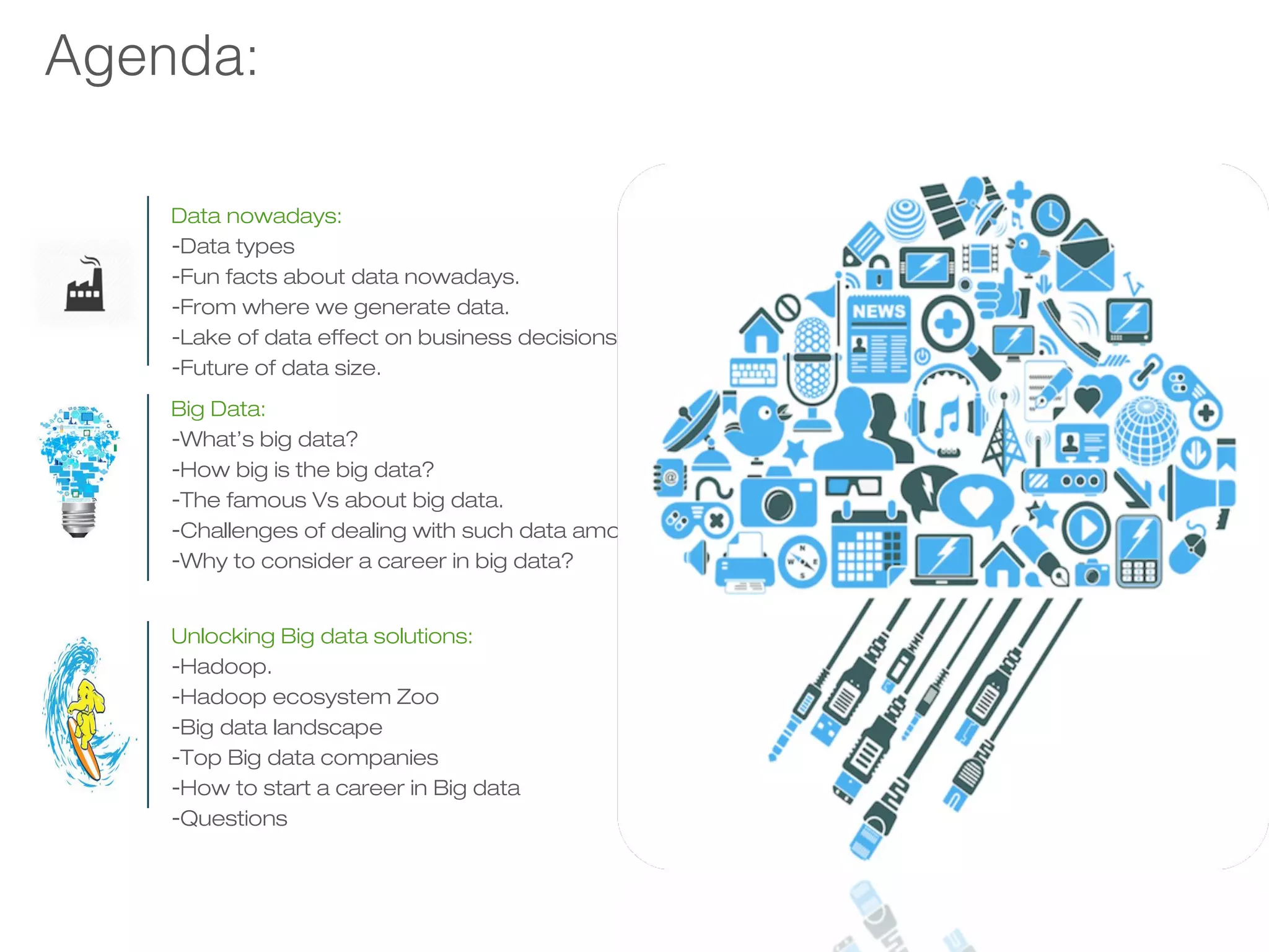 Agenda:
Data nowadays:
-Data types
-Fun facts about data nowadays.
-From where we generate data.
-Lake of data effect on business decisions.
-Future of data size.
Unlocking Big data solutions:
-Hadoop.
-Hadoop ecosystem Zoo
-Big data landscape
-Top Big data companies
-How to start a career in Big data
-Questions
Big Data:
-What’s big data?
-How big is the big data?
-The famous Vs about big data.
-Challenges of dealing with such data amount.
-Why to consider a career in big data?
 