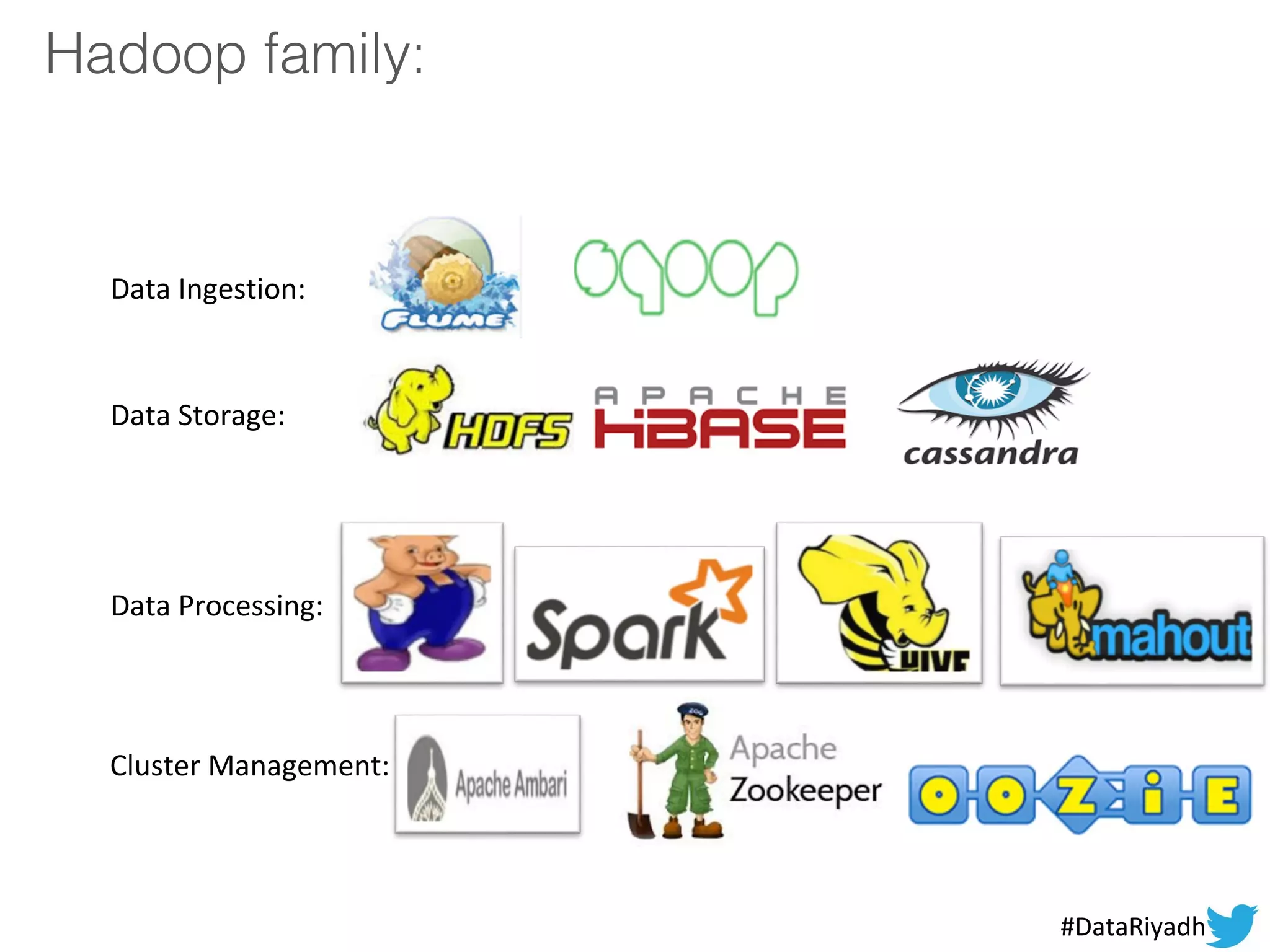 Hadoop family:
Data Storage:
Data Ingestion:
Data Processing:
Cluster Management:
#DataRiyadh
 