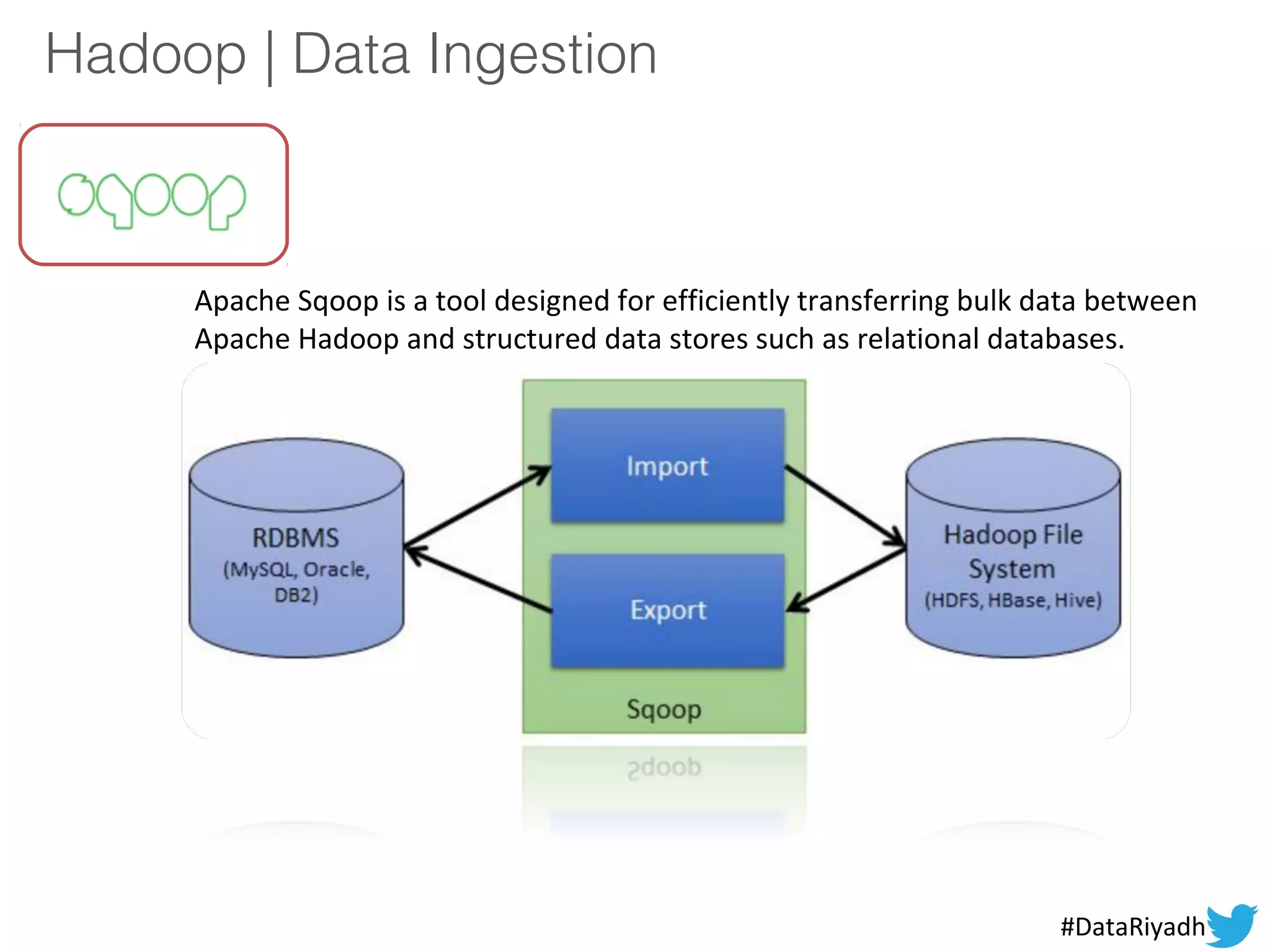 Hadoop | Data Ingestion
Apache Sqoop is a tool designed for efficiently transferring bulk data between
Apache Hadoop and structured data stores such as relational databases.
#DataRiyadh
 