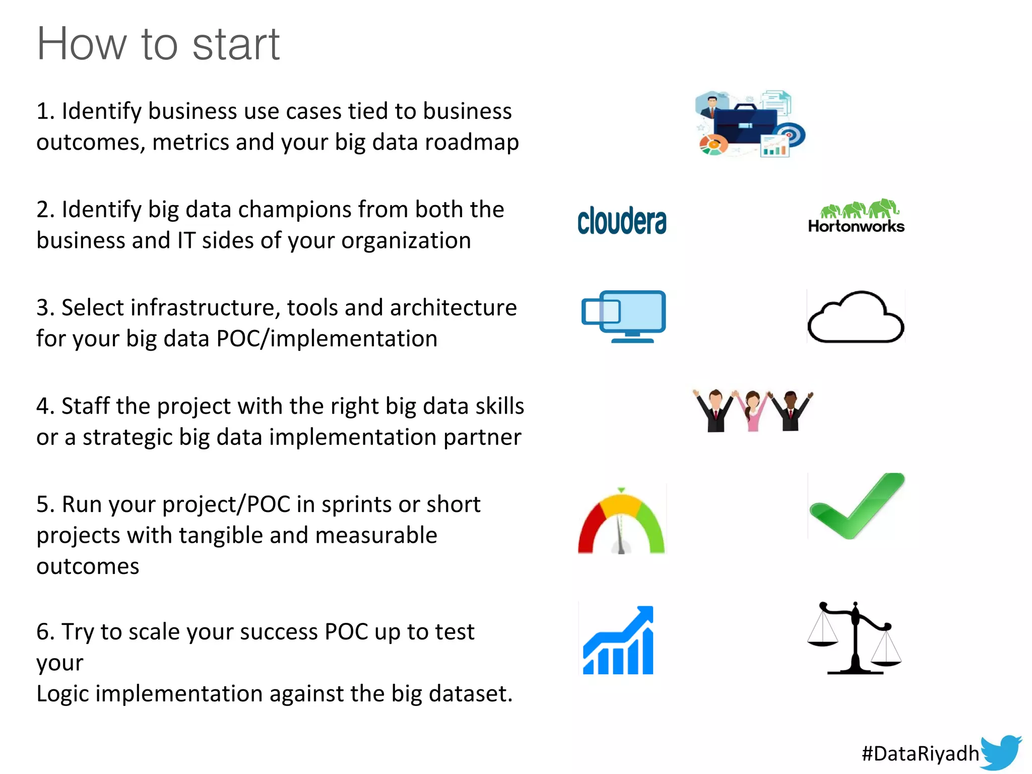 How to start
1. Identify business use cases tied to business
outcomes, metrics and your big data roadmap
2. Identify big data champions from both the
business and IT sides of your organization
3. Select infrastructure, tools and architecture
for your big data POC/implementation
4. Staff the project with the right big data skills
or a strategic big data implementation partner
5. Run your project/POC in sprints or short
projects with tangible and measurable
outcomes
6. Try to scale your success POC up to test
your
Logic implementation against the big dataset.
#DataRiyadh
 