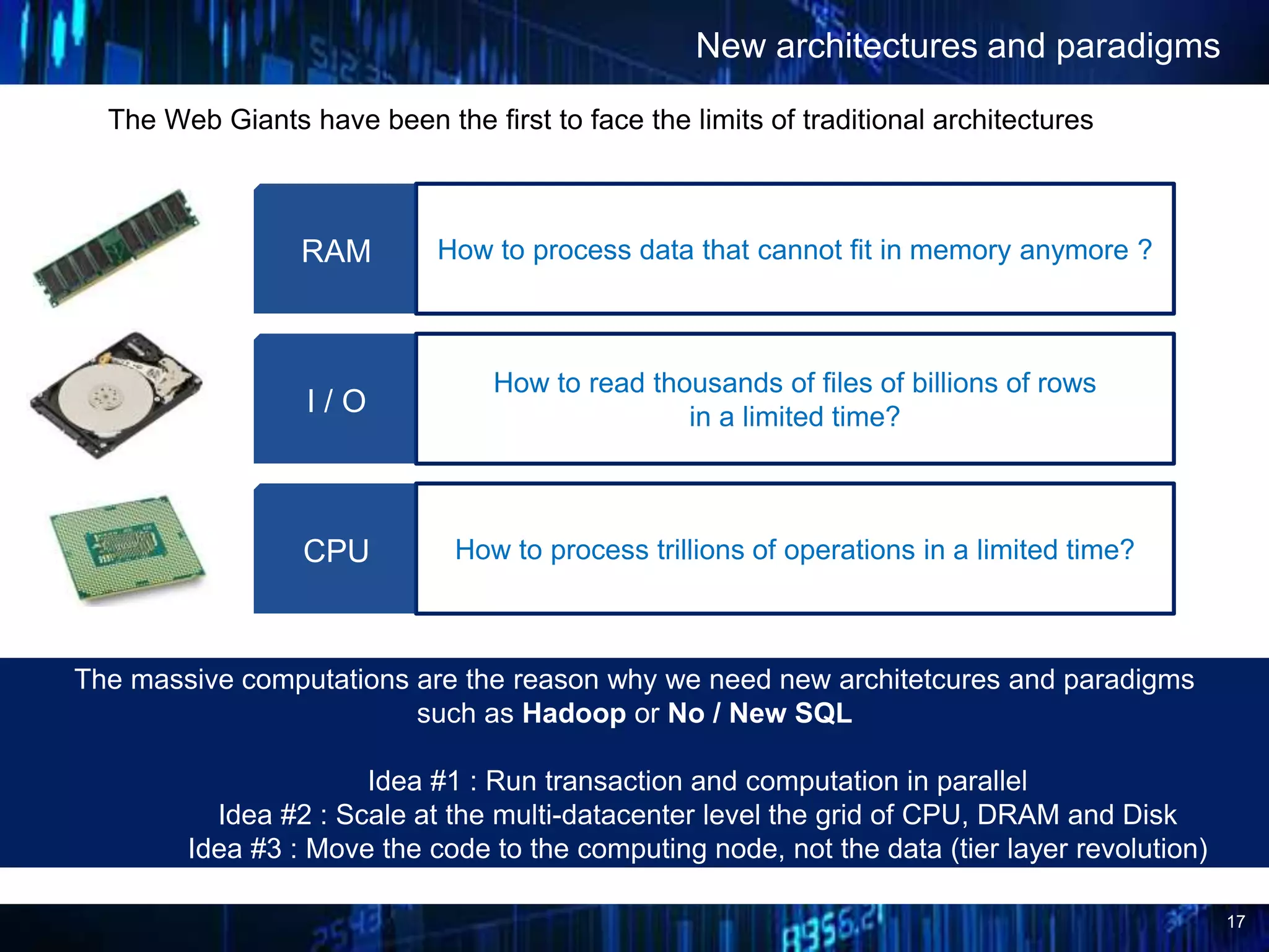 17
How to process data that cannot fit in memory anymore ?
The Web Giants have been the first to face the limits of traditional architectures
New architectures and paradigms
The massive computations are the reason why we need new architetcures and paradigms
such as Hadoop or No / New SQL
Idea #1 : Run transaction and computation in parallel
Idea #2 : Scale at the multi-datacenter level the grid of CPU, DRAM and Disk
Idea #3 : Move the code to the computing node, not the data (tier layer revolution)
RAM
How to read thousands of files of billions of rows
in a limited time?I / O
How to process trillions of operations in a limited time?CPU
 