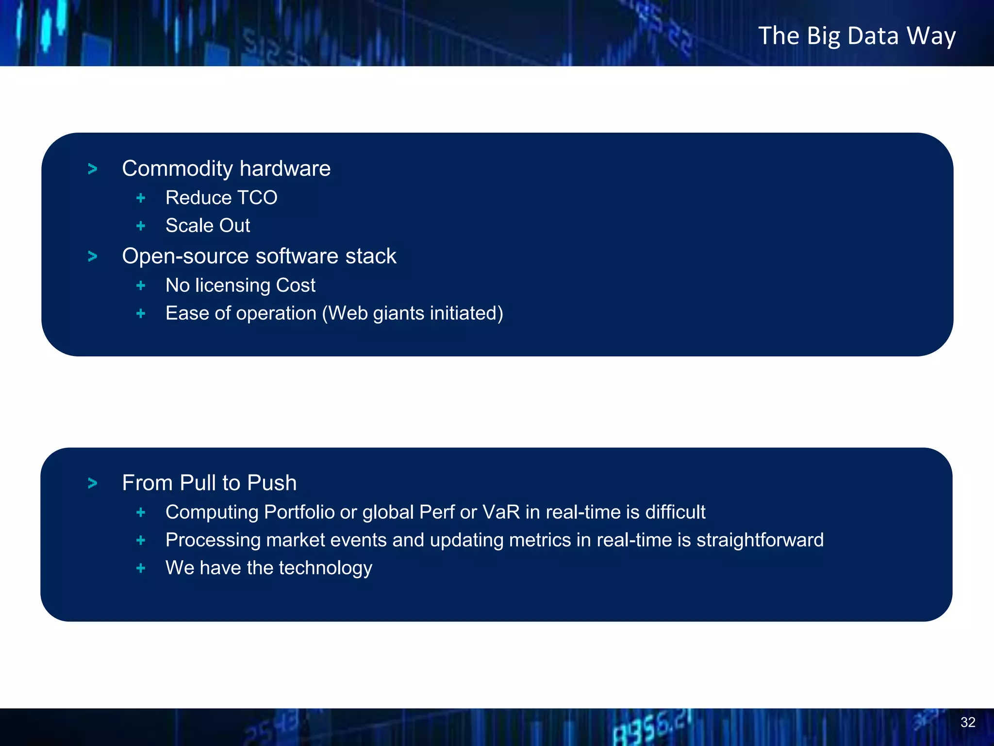 32
Commodity hardware
Reduce TCO
Scale Out
Open-source software stack
No licensing Cost
Ease of operation (Web giants initiated)
From Pull to Push
Computing Portfolio or global Perf or VaR in real-time is difficult
Processing market events and updating metrics in real-time is straightforward
We have the technology
The Big Data Way
 