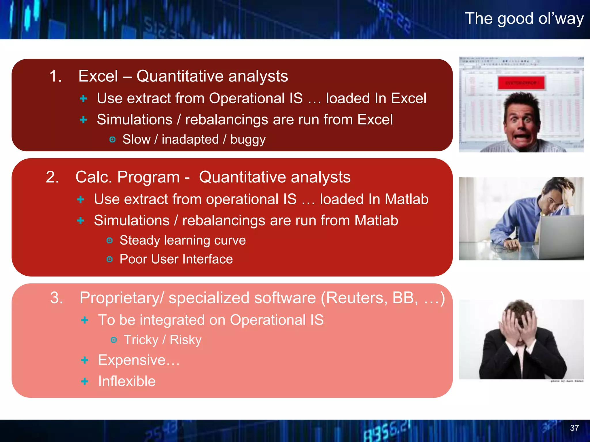 37
The good ol’way
1. Excel – Quantitative analysts
Use extract from Operational IS … loaded In Excel
Simulations / rebalancings are run from Excel
Slow / inadapted / buggy
2. Calc. Program - Quantitative analysts
Use extract from operational IS … loaded In Matlab
Simulations / rebalancings are run from Matlab
Steady learning curve
Poor User Interface
3. Proprietary/ specialized software (Reuters, BB, …)
To be integrated on Operational IS
Tricky / Risky
Expensive…
Inflexible
 