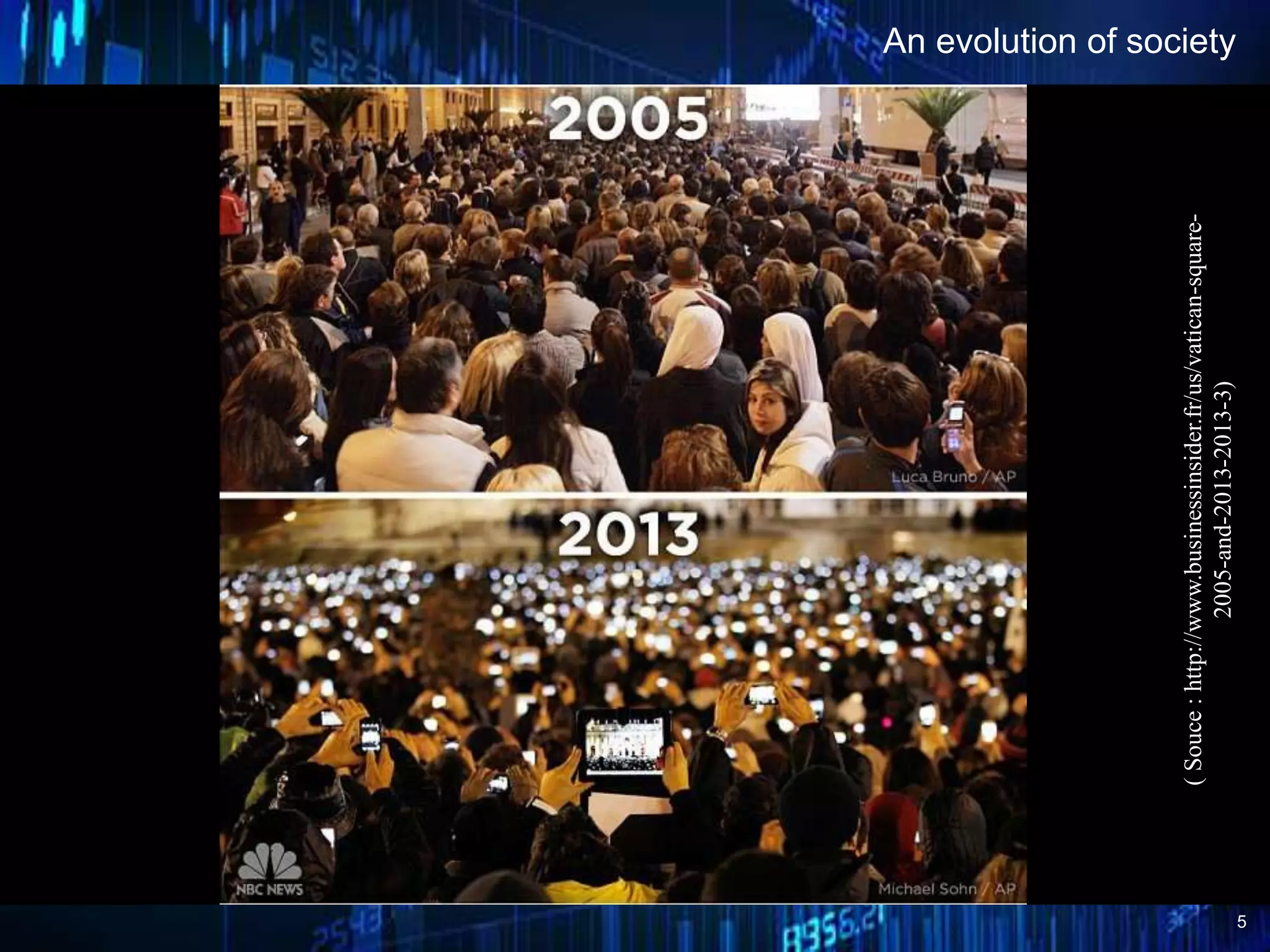 5
An evolution of society
(Souce:http://www.businessinsider.fr/us/vatican-square-
2005-and-2013-2013-3)
 
