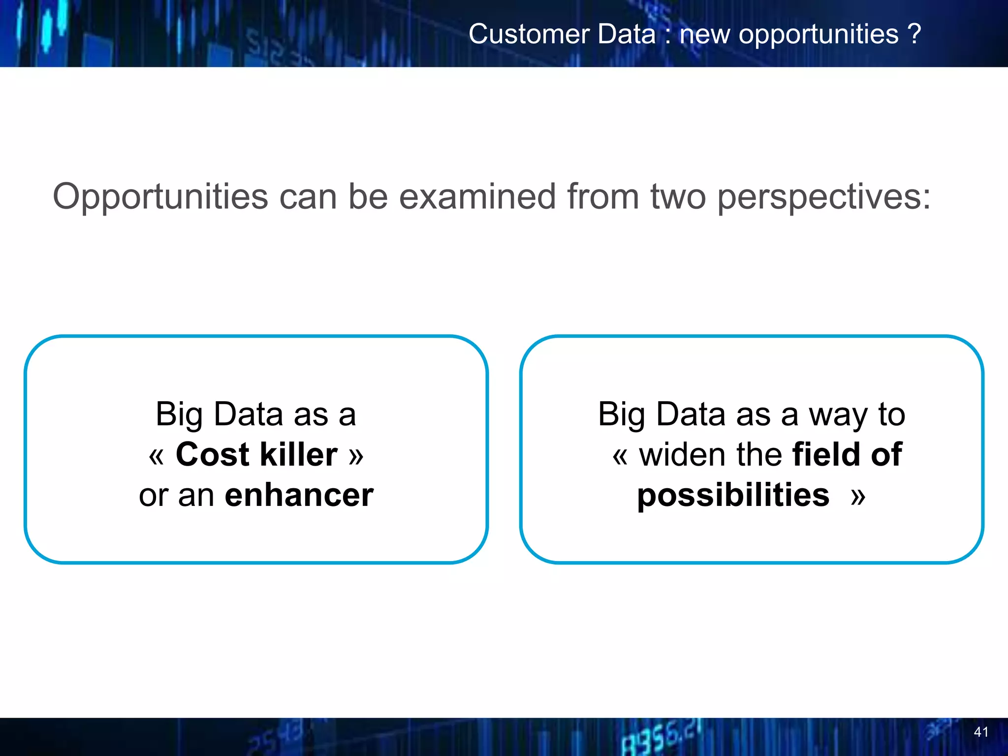 41
Opportunities can be examined from two perspectives:
Customer Data : new opportunities ?
Big Data as a
« Cost killer »
or an enhancer
Big Data as a way to
« widen the field of
possibilities »
 