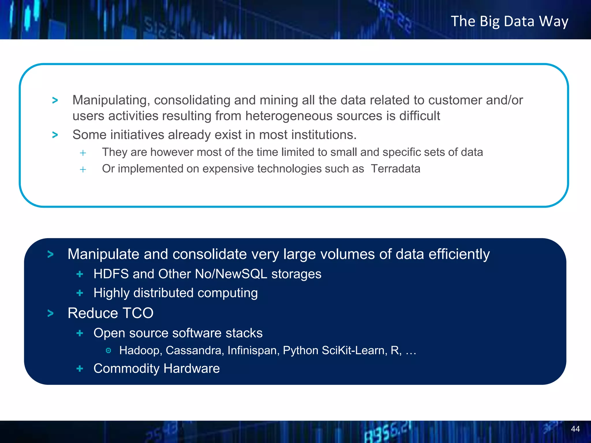 44
The Big Data Way
Manipulate and consolidate very large volumes of data efficiently
HDFS and Other No/NewSQL storages
Highly distributed computing
Reduce TCO
Open source software stacks
Hadoop, Cassandra, Infinispan, Python SciKit-Learn, R, …
Commodity Hardware
Manipulating, consolidating and mining all the data related to customer and/or
users activities resulting from heterogeneous sources is difficult
Some initiatives already exist in most institutions.
 They are however most of the time limited to small and specific sets of data
 Or implemented on expensive technologies such as Terradata
 