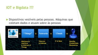 IOT e Bigdata ???
 Dispositivos vestíveis pelas pessoas. Máquinas que
coletam dados e atuam sobre às pessoas
 