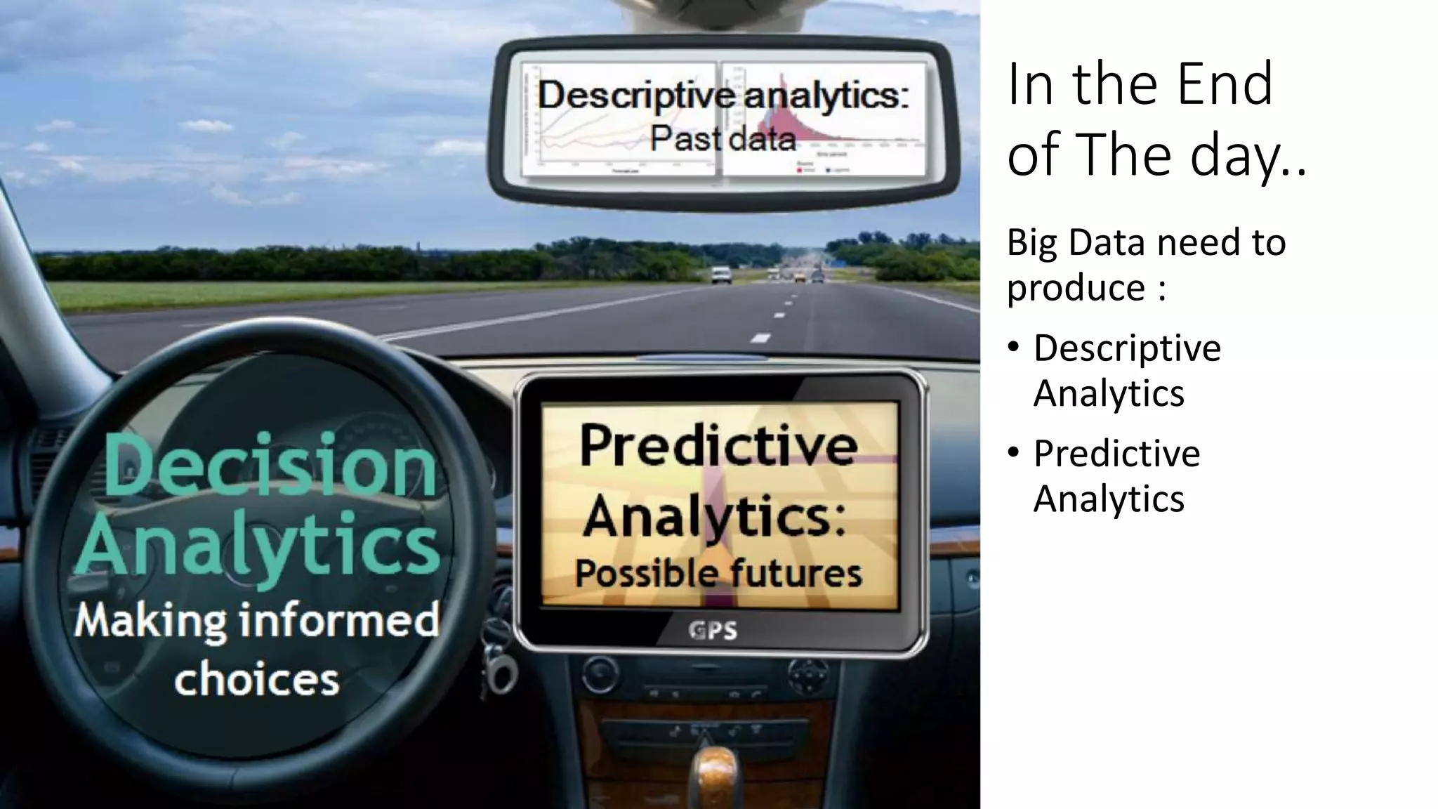 In the End
of The day..
Big Data need to
produce :
• Descriptive
Analytics
• Predictive
Analytics