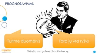 PROGNOZAVIMAS
6
Turime duomenis Tarp jų yra ryšys
Tikimės, kad galime atrasti šabloną.
 