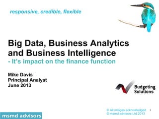 1
Big Data, Business Analytics
and Business Intelligence
- It’s impact on the finance function
Mike Davis
Principal Analyst
June 2013
© All images acknowledged
© msmd advisors Ltd 2013
responsive, credible, flexible
 
