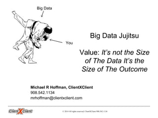 Michael R Hoffman, ClientXClient
908.542.1134
mrhoffman@clientxclient.com
You
Big Data
© 2014 All rights reserved. ClientXClient 908.542.1134
Big Data Jujitsu
Value: It’s not the Size
of The Data It’s the
Size of The Outcome
 